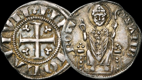 "8 deniers" frappé à Milan, Première République (1250-1310), avec Saint Ambroise trônant de face au revers